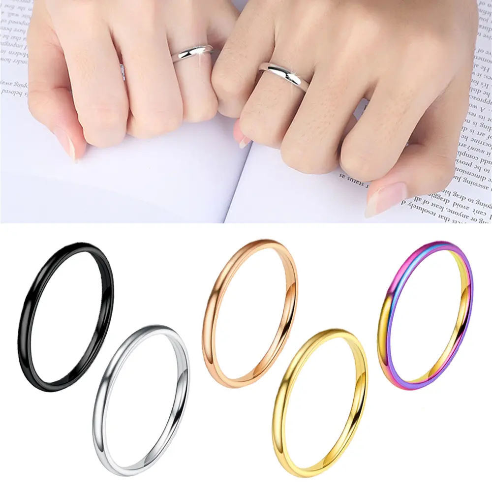 Cincin Keluli Tahan Karat, 2mm, untuk Wanita dan Lelaki, Fesyen, Titanium Berwarna-warni, Reka Bentuk Licin, Sesuai untuk Pasangan, Barang Kemas Korea, Idea Hadiah Hebat