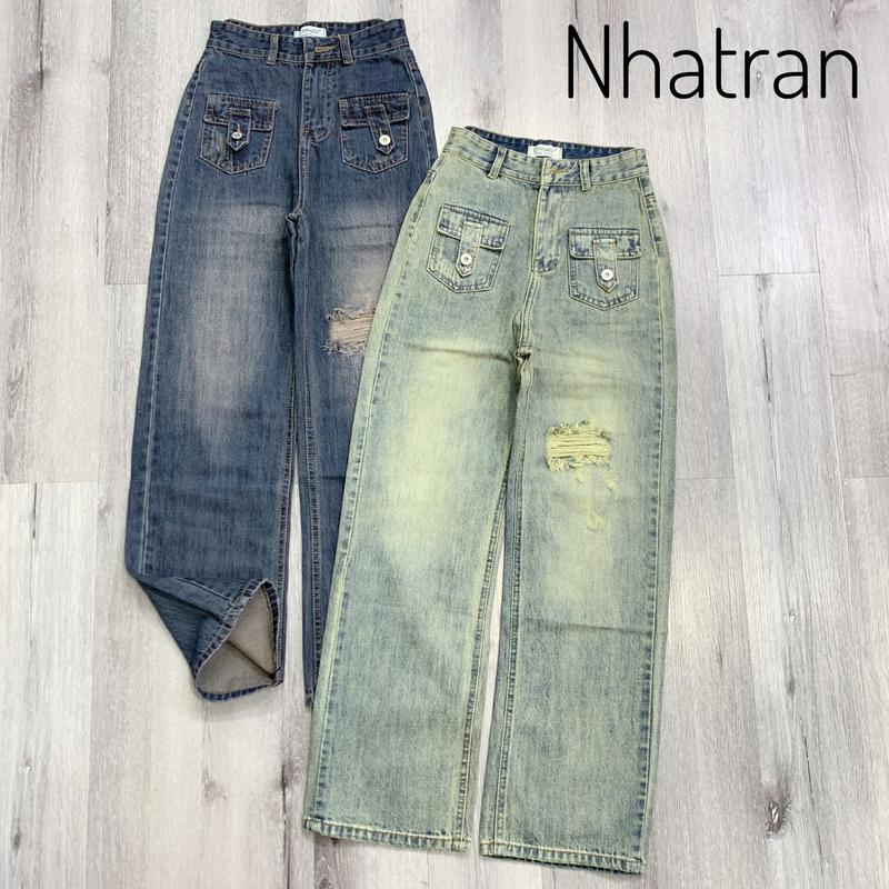 nhatran - Quần jean nữ ống suông dài 105cm túi nắp cạp cao xước rách chất Denim cotton Pants MS084