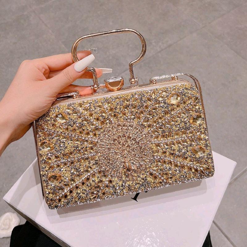 Cốp Đi Tiệc Size 22cm Con Công Vuông Đính Đá Blingbling Túi Xách Nữ Đeo Chéo Women Bag Clutch Cầm Tay Làm Sui Đi Đám Cưới Kèm Dây Xích HÀNG QC