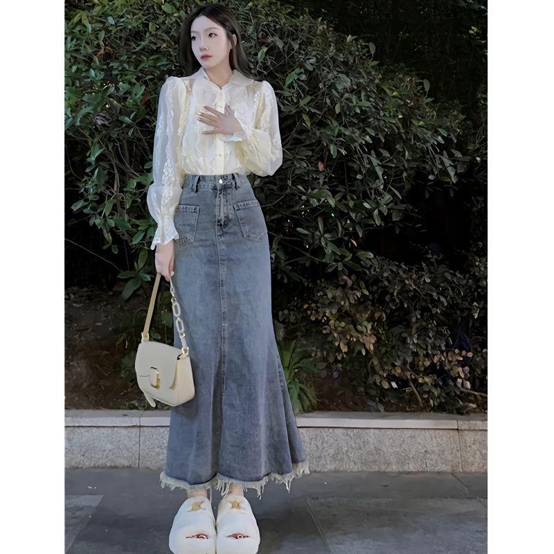 Váy denim Xanh Biển cổ điển dành cho phụ nữ, áo sơ mi, trang phục giản dị, che hông, quần áo mùa xuân, eo cao mới, váy đuôi cá đa năng thanh lịch 0