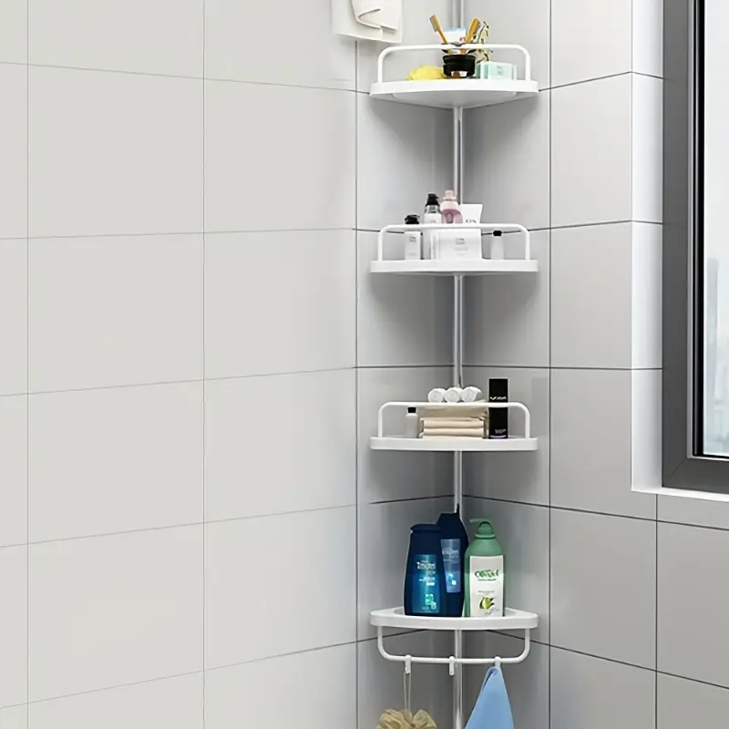 Expandable Corner Bathroom Shelf with 4 Layers, Adjustable Tray and Rotating Towel Bar, Easy Installation without Drilling Holes, Modern White Plastic Wall-mounted Storage Rack for Bath Essentials, Bathroom Accessories and Storage 0