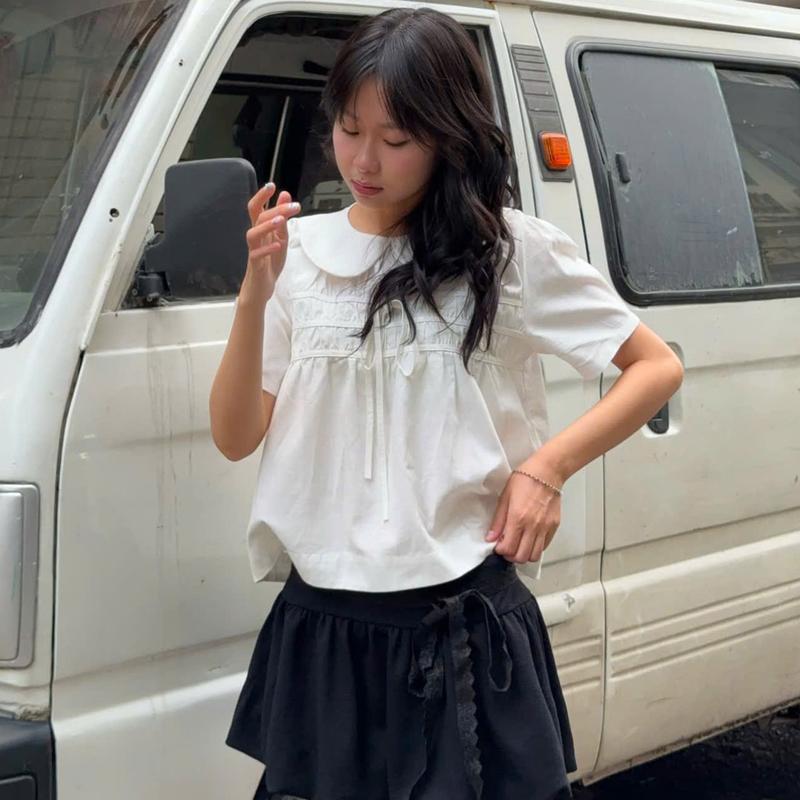 Áo sơ mi kiểu babydoll cổ sen trắng Yoko Vintagevibes. Nữ Top Women Shirt