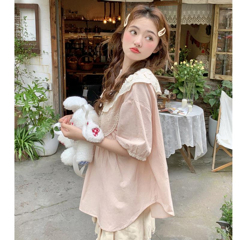 Áo sơ mi nữ cổ viền búp bê thêu hoa hồng nhạt, sơ mi nữ kiểu tay ngắn phồng phong cách dễ thương 5515 6