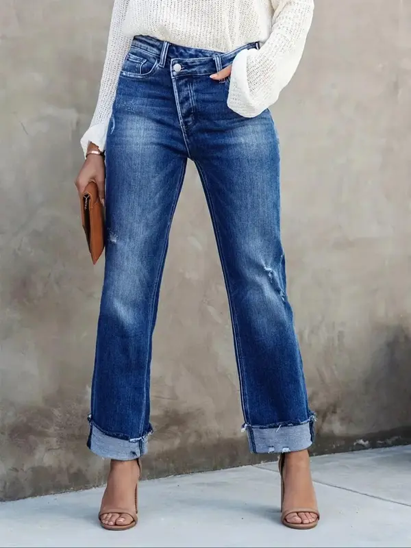 Women's Solid Color Jeans, Casual Comfy Wide Leg Denim Pants for Daily Wear, Ladies Bottoms for All Seasons 0