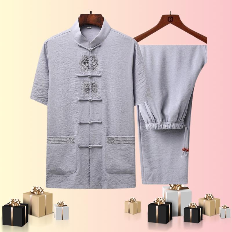 ( T4 ) Bộ đũi nam cộc tay cổ tàu trung niên - Bộ đũi cho bố mặc nhà đi chơi Nhung Áo,đi chơi, đi lễ, đi chùa Menswear Pants Quần có thể giặt máy đục lỗ trọng lượng m 110 đồ habibi bomac  dichua set  đồ