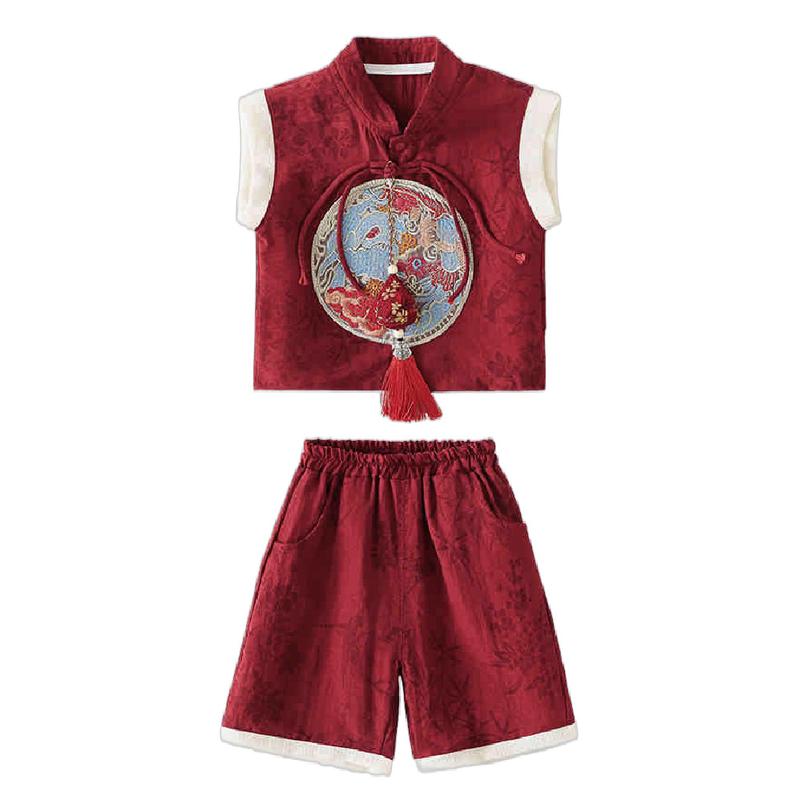 Product Introduction of Summer New Baby Clothes Boys Girls New Chinese Set Includes Sachets 4-36 Months Baby Thin Embroidered Dragon Spring Festival 2-piece Set 0