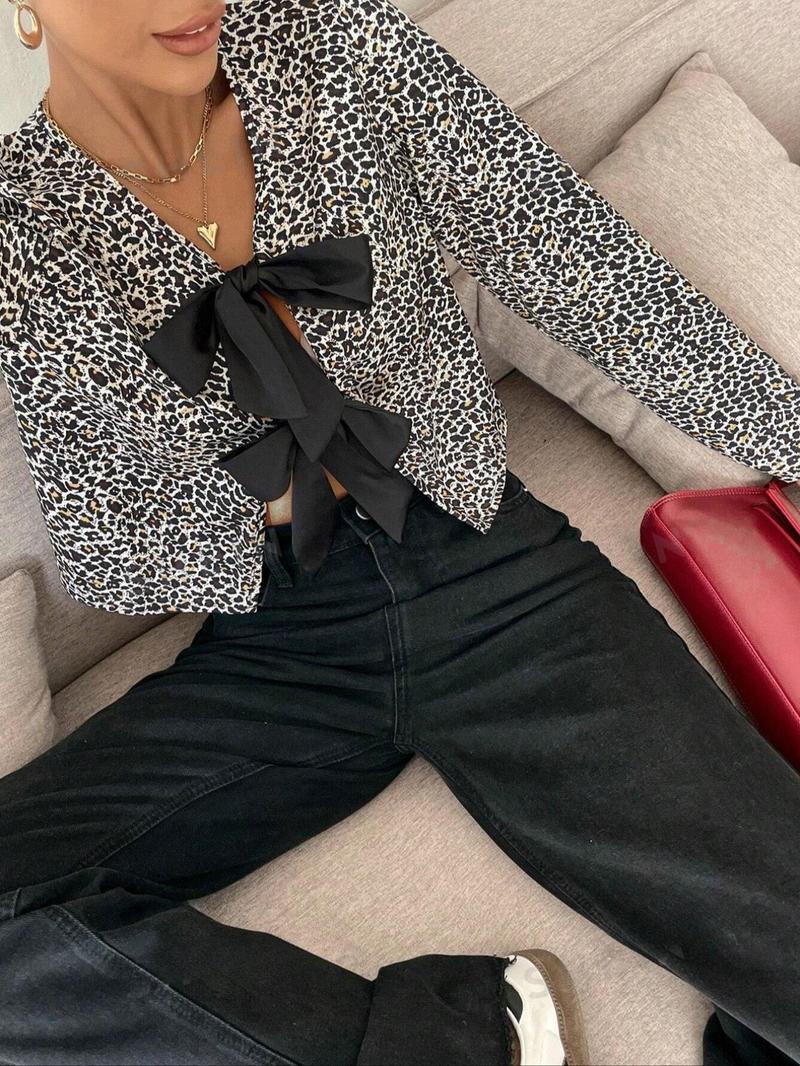 Product Introduction of Women's Leopard Print Tie Front Blouse, Classy Casual Long Sleeve Bow Decor Top for Fall & Winter, Women's Clothes for Daily Wear Valentine's Day, gift 1