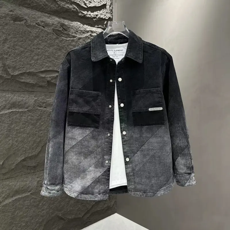 Áo Khoác Denim, Màu Gradient Hàng Mới Về, Dành Cho Nam Giới, Dễ Phối Đồ, Chất Liệu Pu Shuai, Dáng Ôm, Thích Hợp Cho Mùa Thu, Áo Khoác, Phong Cách Hợp Xu hướng Thường Ngày Áo Sơ Mi Có Ve Áo Thương Hiệu 1