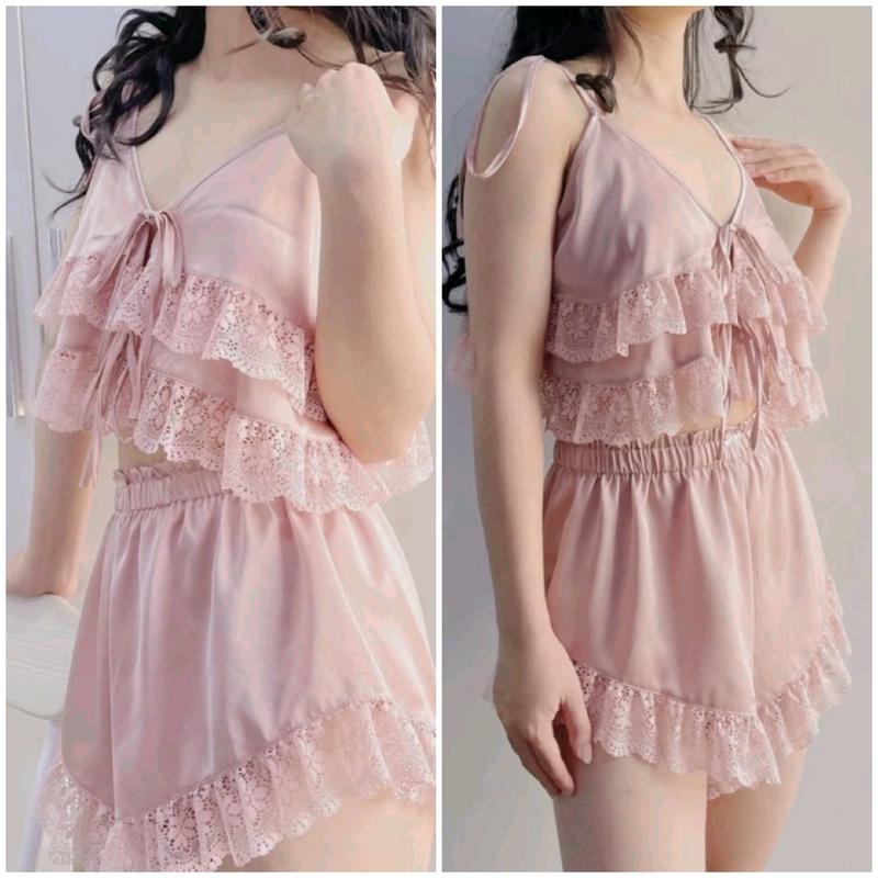Bộ Đồ Ngủ Pyjama Nữ Áo 2 Dây Quần Đùi Mẫu Nơ Vai Ren Tầng - Lụa Latin kèm Ren mềm mát Set đồ ngủ nữ mặc sang freesize dưới 65kg rose  đồ pijama
