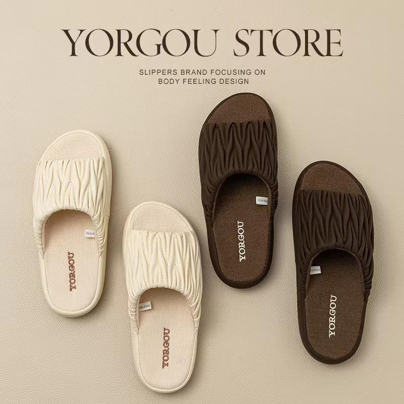 Dép Lê Vải Lanh Và Cotton Xếp Ly, Yuangang, Dành Cho Phụ Nữ Và Nam Giới, Mùa Lò Xo Và Mùa Hè, Nội Thất Gia Đình, Da PU, Không Trơn Trượt, Có Thể Đeo Ngoài Trời Tất Cả Các Mùa, Đáy Gân 0