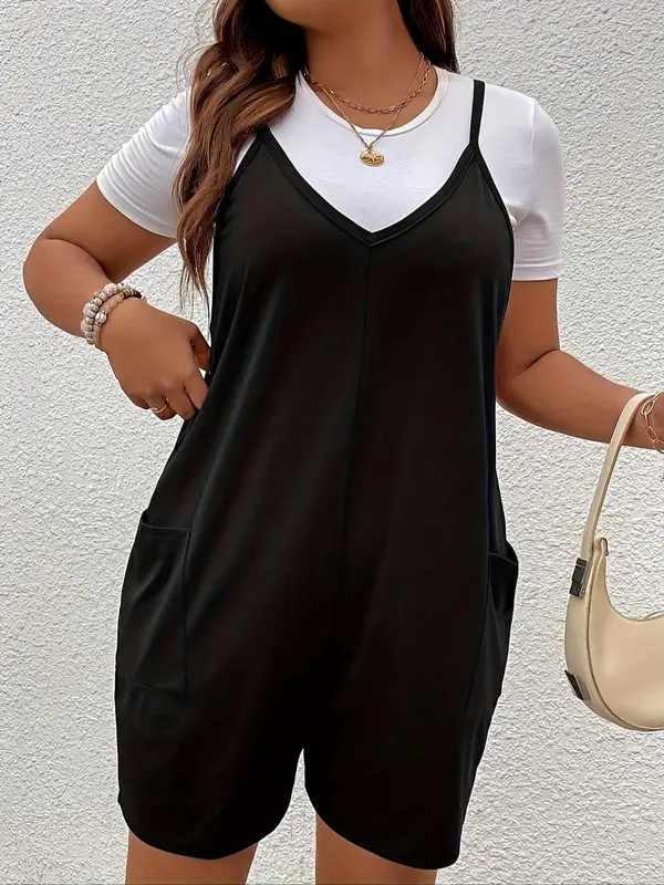 【Plus Size】 Solid Pocket Adjustable Strap Cami Overalls, Casual Sleeveless Overalls for Summer, Women's Plus Clothing for Daily Wear 3