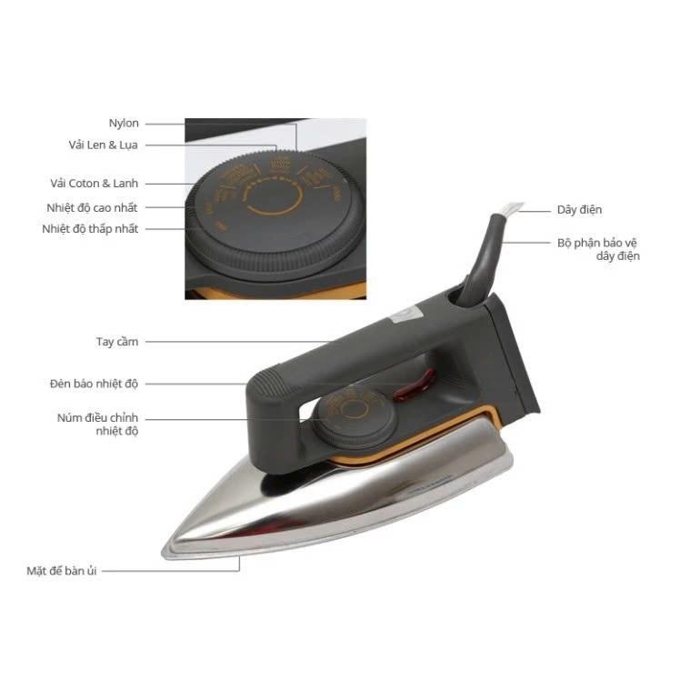 Bàn ủi khô HD1172 1000W Mặt đế nhôm, nút điều khiển và đèn báo nhiệt