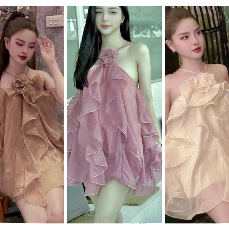 3M277 Đầm Baby Doll Nữ Thiết Kế Cổ Yếm Phối Hoa Mix Bèo Dáng Ngắn Cách Điệu Dress Women (Kèm Bảo Hộ) - Botstore set áo tầng  và quần