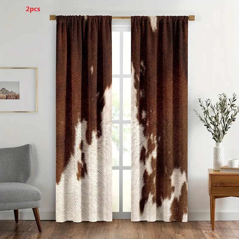 Cowhide Pattern Window Curtain, 2pcs Farm Animal Window Drapes, Western Cowboy Farmhouse Window Curtain, Home Decor for Living Room Bedroom 0
