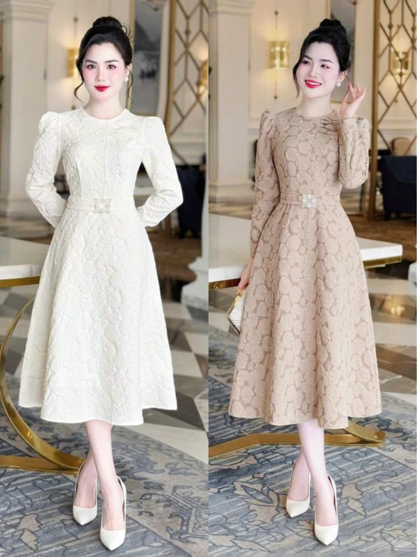 MIỄN SHIP BST MDU4495 Váy Gấm Dập Hoa Cao Cấp - Thiết Kế Dáng Xòe Nhẹ Cổ Tròn Thanh Lịch Dành Cho Nữ Women Dress Kem