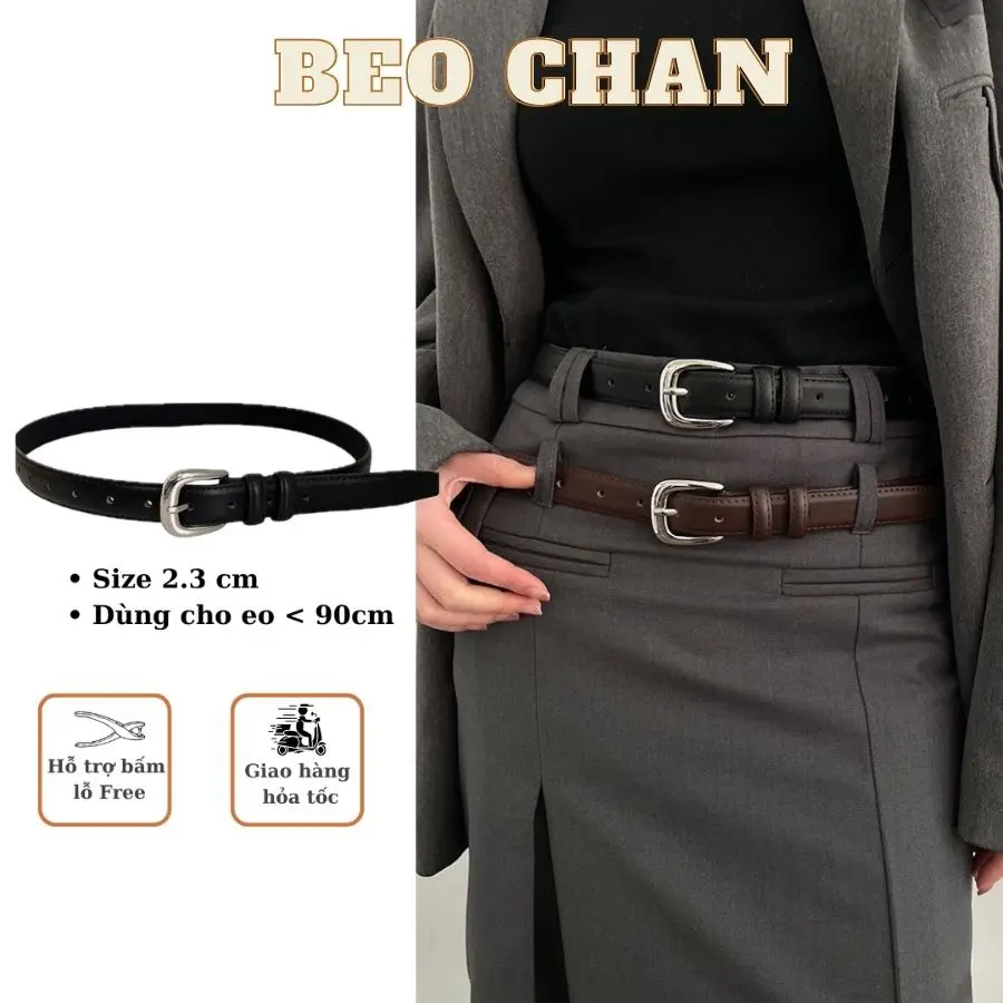 Thắt Lưng Nam Nữ Da Mặt Khuyết Oval Màu Bạc Có Lỗ Bấm Dây Nịt Ulzzang Bản Nhỏ 2.3Cm Phù Hợp Nam Nữ