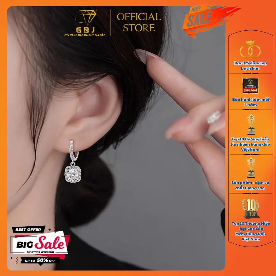 Hoa Tai Bạc Khoen Vuông Viên Chủ Moissanite 6Li5 Chốt Bấm (XI KIM) Sang Trọng Quý Phái GBJ455