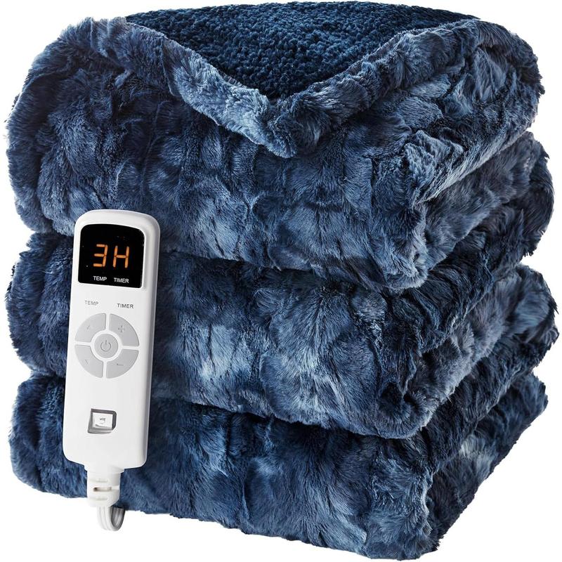 TikTok Shop Electric Heated Blanket Throw Faux 10 Hours Auto Shut Off 9 Heating Levels Heating Blanket Throw Soft Warm Heated Blanket Fast Heating Navy Blue Faux Sherpa