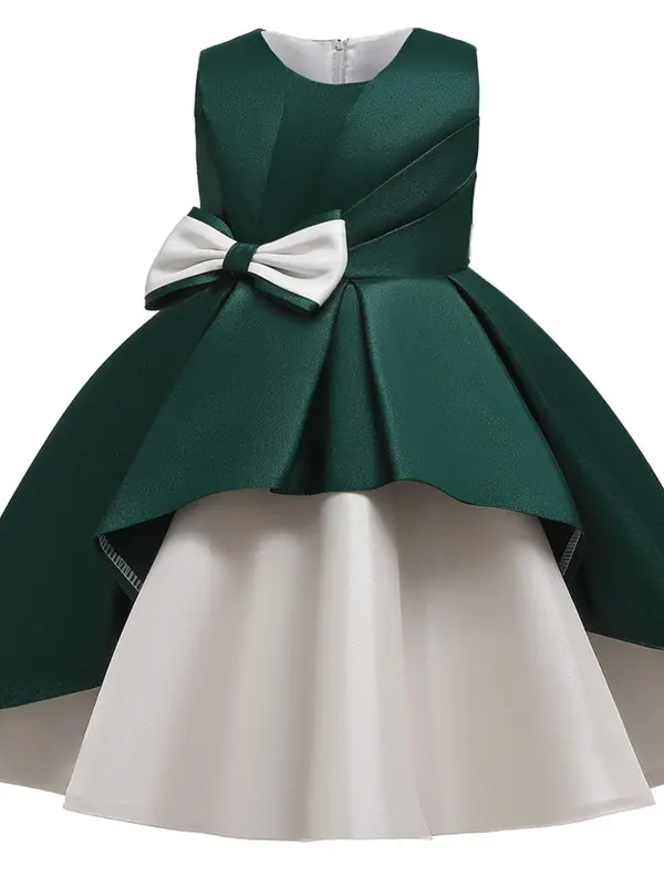 Girl's Solid Bow Front Plicated A Line Dress, Elegant Bow Back Sleeveless Round Neck Tulle Dress For Wedding Party, Kids Partywear For All Seasons 4