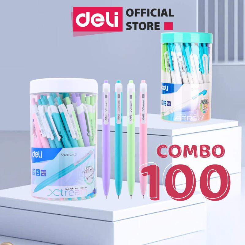 Combo 100 chiếc bút bi Deli - Hộp 50 cây bút bấm ngòi 0.7mm mực xanh nhiều màu giá rẻ - phù hợp học sinh, văn phòng - phân loại màu thân trắng đuôi màu màu pastel