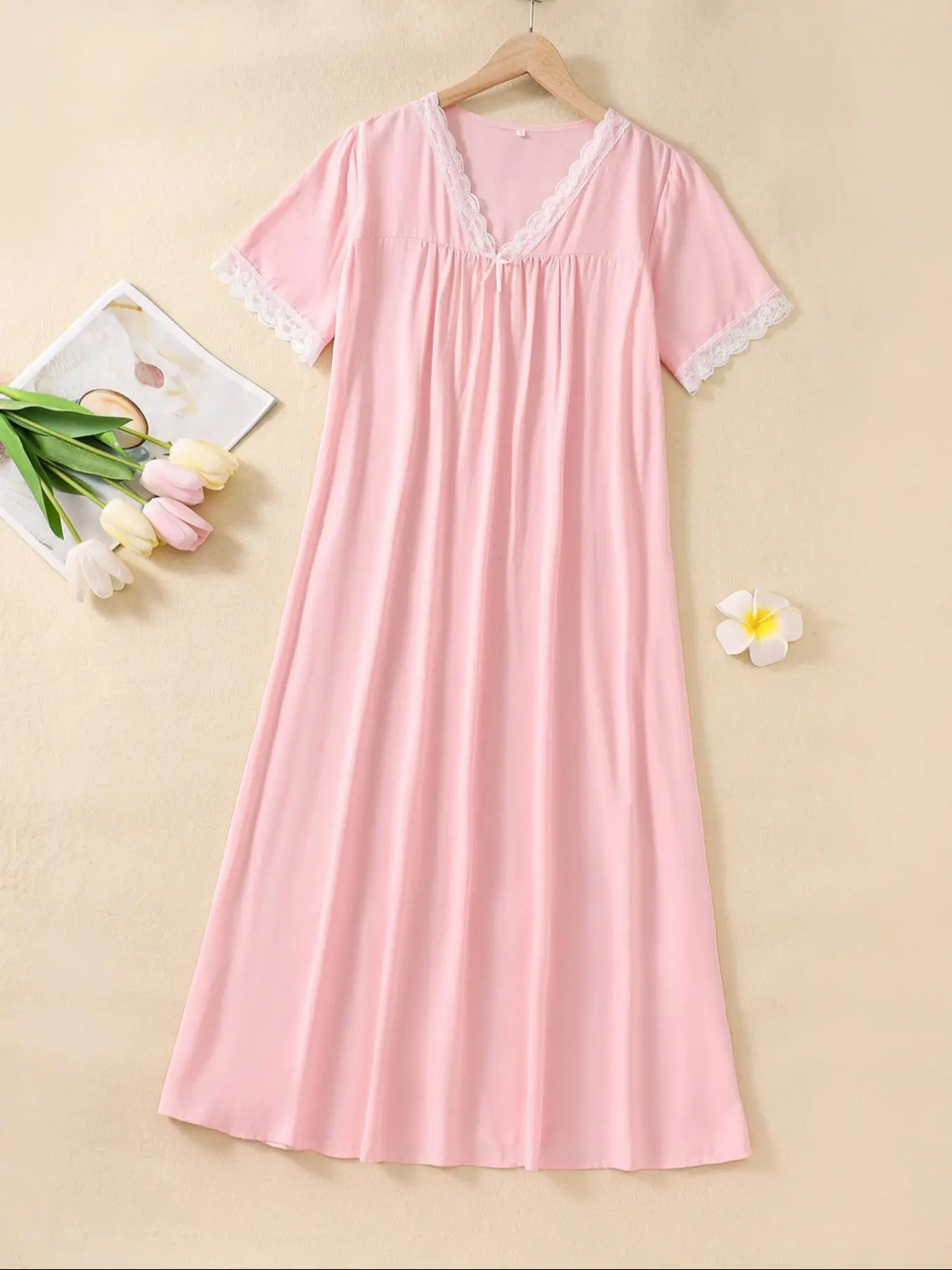 Women's Plain Bow Decor Contrast Lace V Neck Nightdress, Elegant Comfy Short Sleeve Nightgown for Summer, Ladies' Fashion Sleepwear for Daily Wear