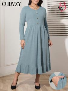 CURVZY Plus Size Solid Button Pocket Ruffle Hem Dress, Casual Long Sleeve Round Neck A Line Dress for Daily Wear, Women's Clothing for All Seasons