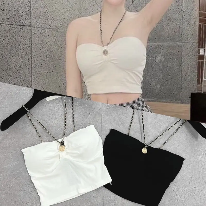 Có mút ngực Áo Yếm Croptop Dây Phối Xích Cúp Bo Tròn Mút Ngực alohashop91 0