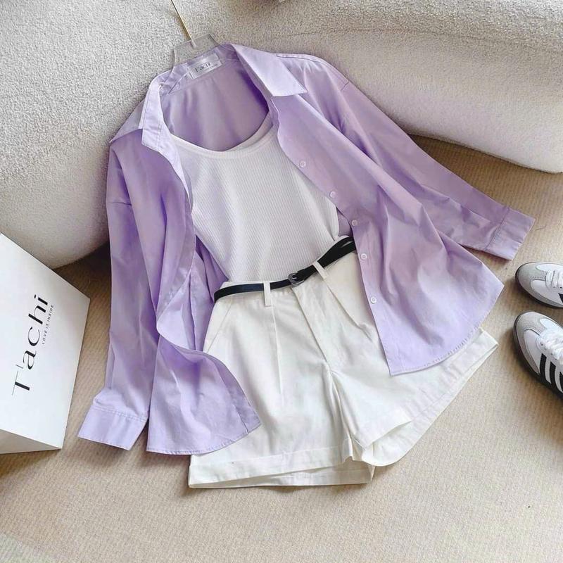 Sét 3 món đi biển, du lịch cực xinh cho nàng tiểu thư cá tính sét áo ba lỗ phối khoác sơ mi from rộng mix quần đùi lưng cao kèm nịt 1
