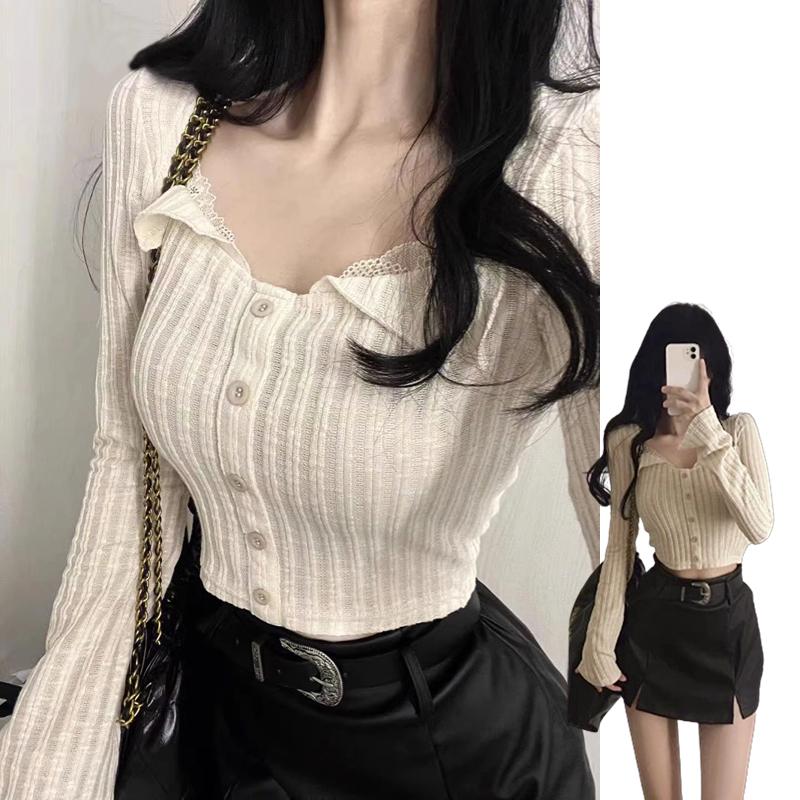 Áo Dài Tay Thường Ngày Cổ Vuông, Dành Cho Nữ, Thiết Kế Gợi Cảm Và Mỏng Vừa Vặn, Đồ Len, Có Chi Tiết Vá Ren