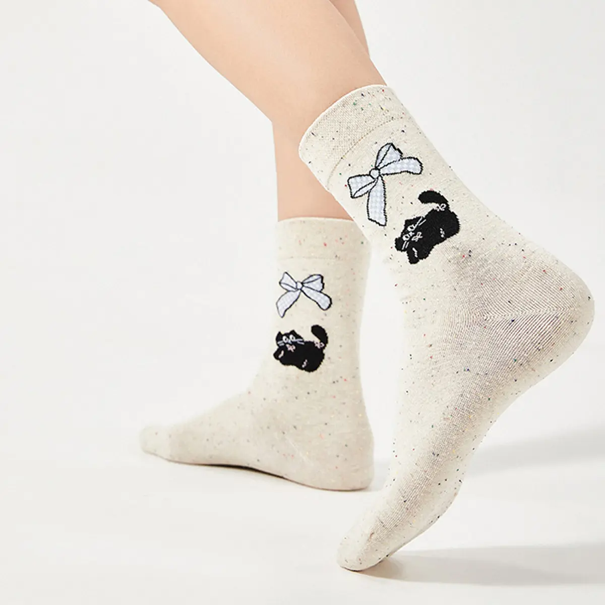 1 Pair Women Socks Cotton Cute Cat Bow Prints Middle Tube Socks Fashion Four Seasons Sweat-wicking Breathable Socks Girly Gifts