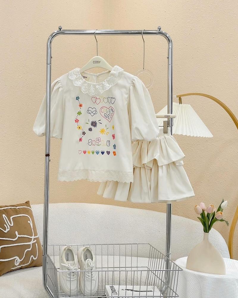 Product Introduction of Set áo linen cổ viền ren tay bồng in hoạ tiết cute phối chân váy xoè tầng cạp chun màu be mùa hè (loại 1) 23