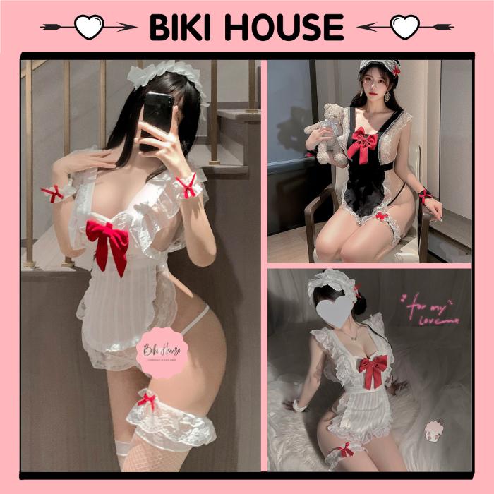 Bộ trang phục cô hầu gái phối nơ đỏ đáng yêu xinh xắn đồ ngủ nữ giúp việc kèm phụ kiện dễ thương thanh lịch BIKI HOUSE N877