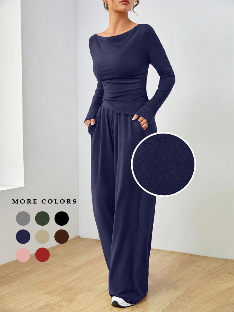 Product Introduction of Women's Solid Ruched Asymmetrical Hem Tee & Pants Set, Casual Boat Neck Long Sleeve Top & Trousers, Women's Spring & Fall Clothes 6