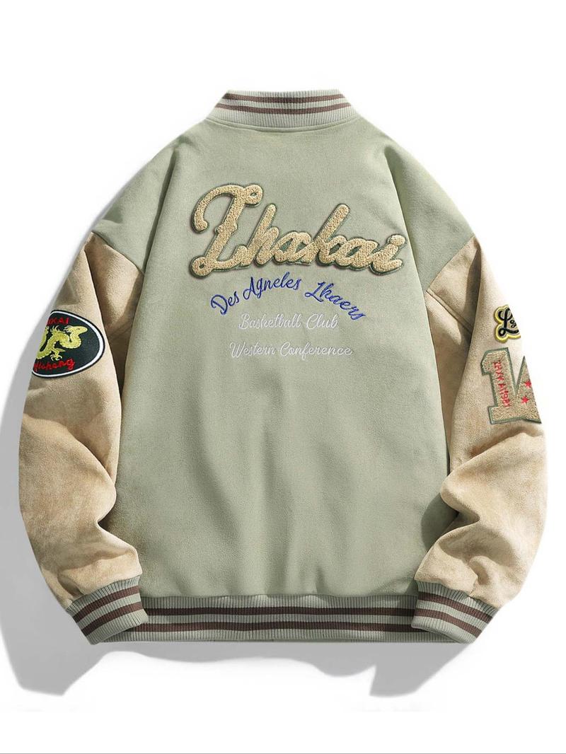 Product Introduction of Men's Letter Embroidery Pocket Baseball Jacket, Casual Drop Shoulder Long Sleeve Button Front Outerwear for Fall & Winter, Men's Clothes for Daily Wear 4
