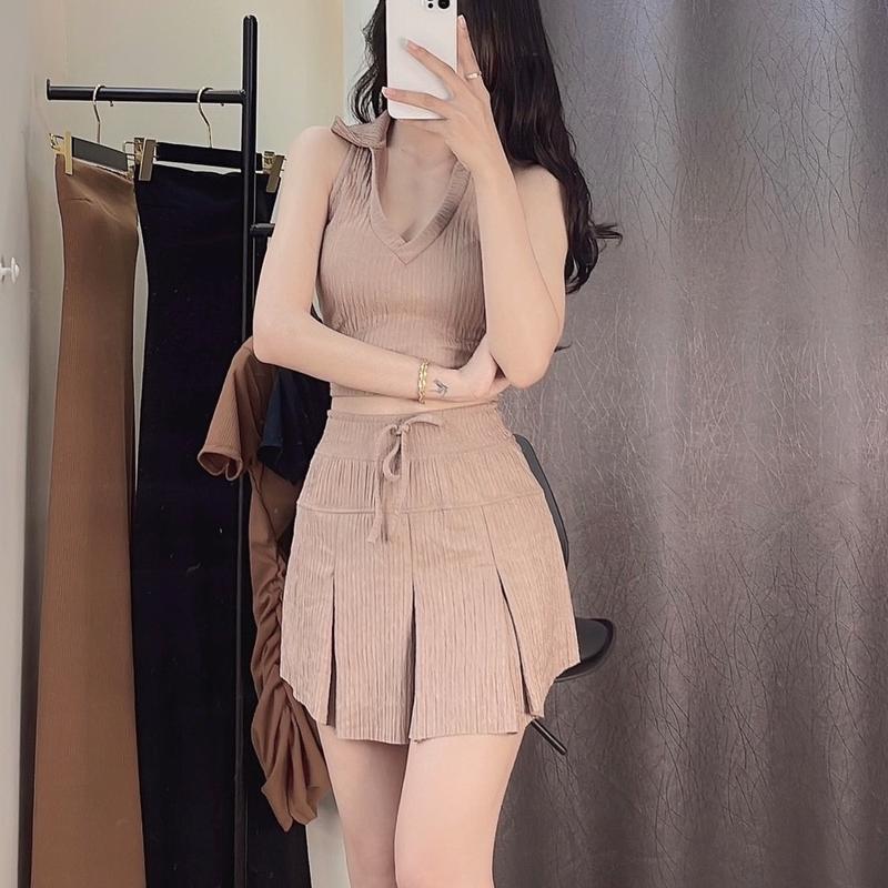 A49 SÉT ÁO KÈM CHÂN VÁY XẾP LI CÓ QUẦN TRONG CHẤT XỐP ĐẸP Nữ Top