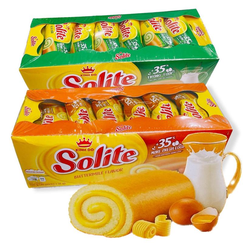 Hộp mỗi hộp 360g có 20 cái Bánh bông lan cuộn kem vị bơ sữa vị dứa Solite Kinh Đô Date mới 6 tháng