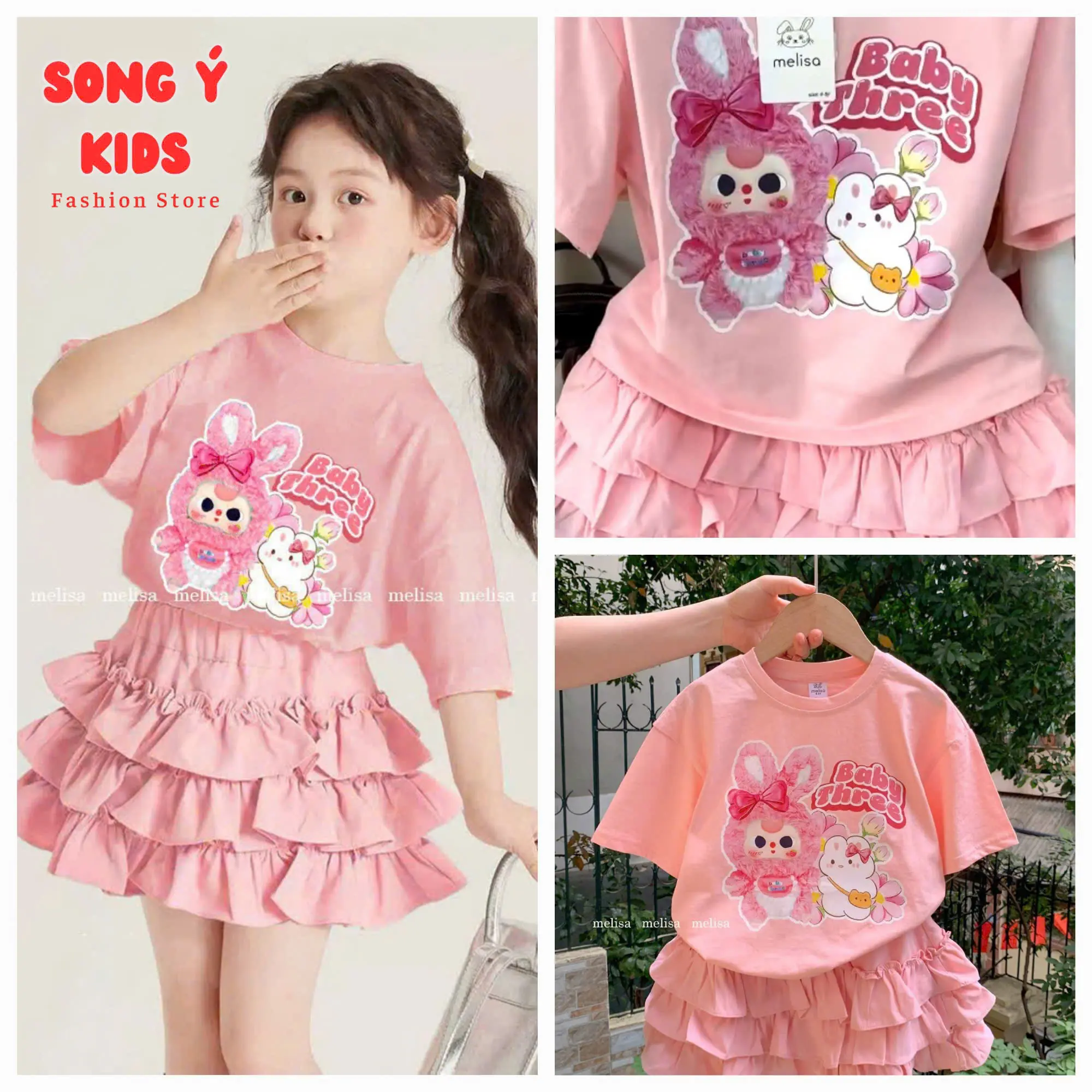 Set BABY THREE sắc hồng đính nơ đáng yêu Cho Bé{ Melisa }