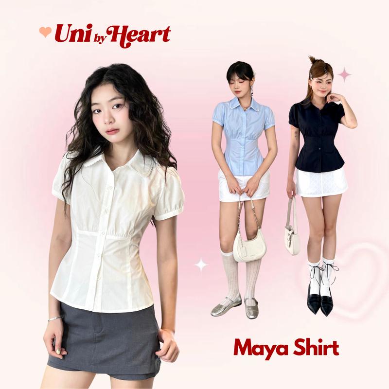 Áo sơ mi ngắn tay nữ SMI026 Maya Shirt cổ sen viền ren, dáng ôm, dây rút sau eo - Uni By Heart