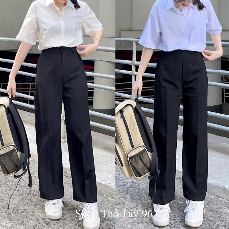 Quần ống suông rộng dài cạp cao đi học làm khóa trước túi bên dáng dài - Quần tây ống rộng nữ lưng cao 1 khuy vải đen dày đáy cao