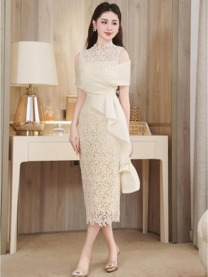 Váy nữ ren body hở vai phối tơ sang chảnh A48