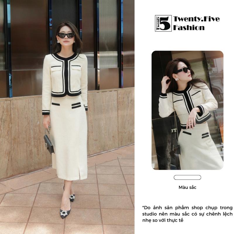 Twentyfive AH103-CH59 ( Có Bán Rời ) Set Dạ Tweed Phối Kim Tuyến, Viền Nhung Sang Chảnh Và Chân Váy Dài Xẻ Sườn , Áo Nữ Women
