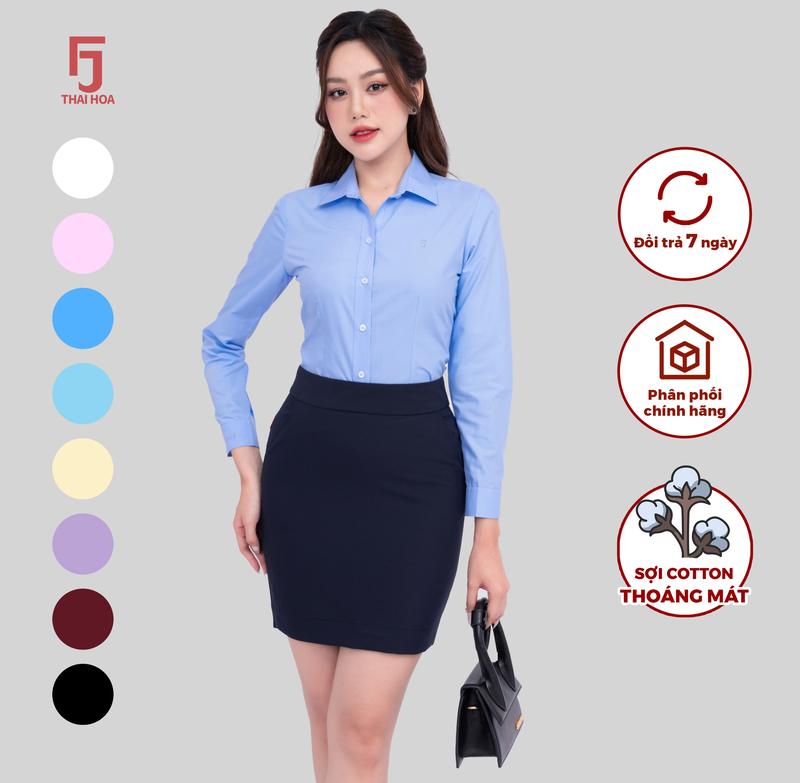 Set Áo R01 Dài Tay Xanh Dương & Chân Váy 239 Áo Sơ Mi Nữ Thái Hòa vải cotton trơn các màu, form slimfit có chiết ly eo