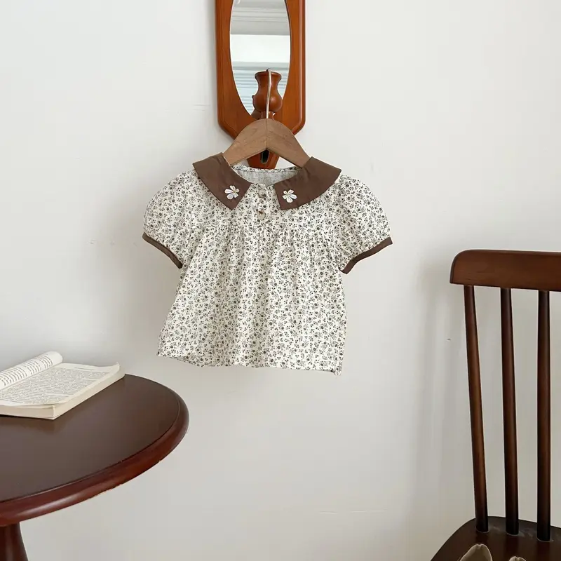 Áo dáng bbd tay bồng cổ bẻ nâu thêu hoa cho bé gái 0
