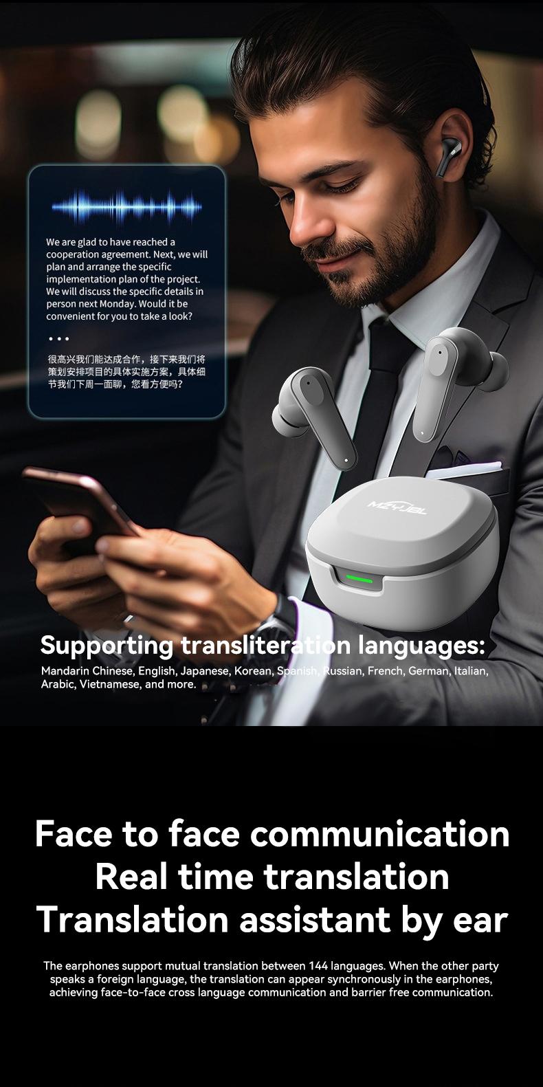 Product Introduction of MZYJBL A98 Intelligent AI Translator Earbuds Wirless BT Languages Translation Headphones Real Time Voice Translators for Business Travel With APP 38