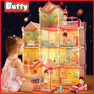 Duffy toys Mainan Princess Castle 14 House Rumah Rumahan Doll House Play House Kado Ulang Tahun Cewek Perabot Mainan Edukasi Rumah 4 doll / Motak Mainan Rumah Princess Anak dengan Lampu dan Boneka Mainan Kastil Blok Bangunan Rakitan 3D DIY