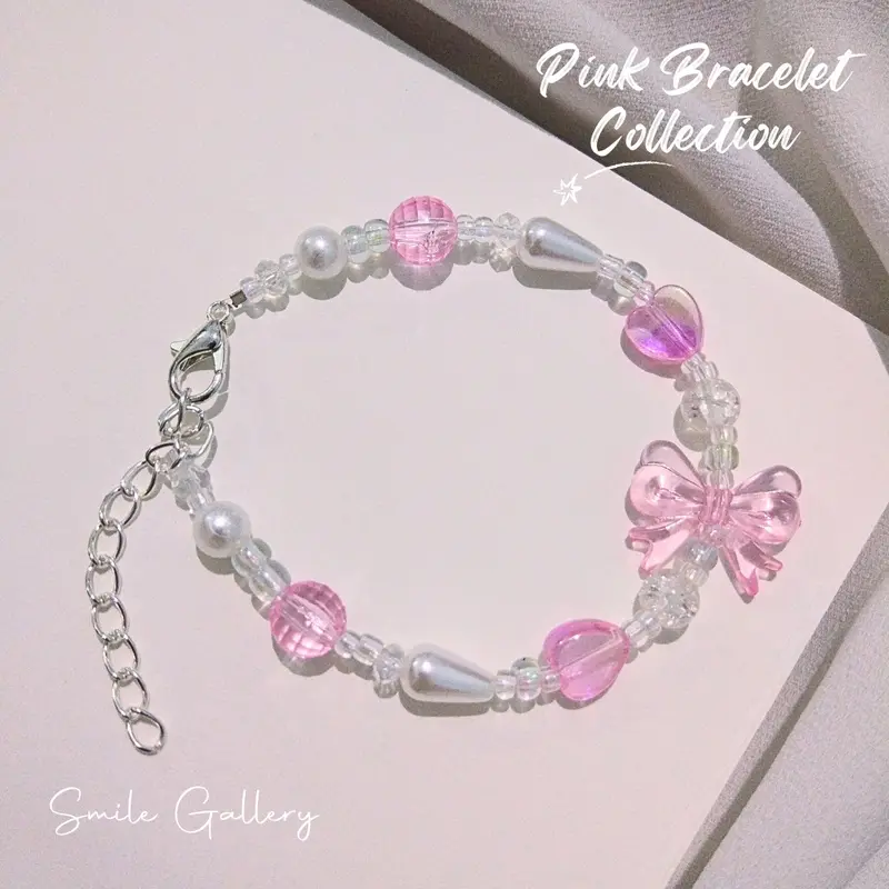 Aesthetic Pink Bracelet / Beads Bracelet Pink Series / Gelang Aesthetic Korean Style / Beads Bracelet / Gelang Couple / Gelang Manik-Manik / Gelang Aesthetic Warna Pink Bentuk Pita Bunga Kupi-Kupu Butterfly Perempuan 5