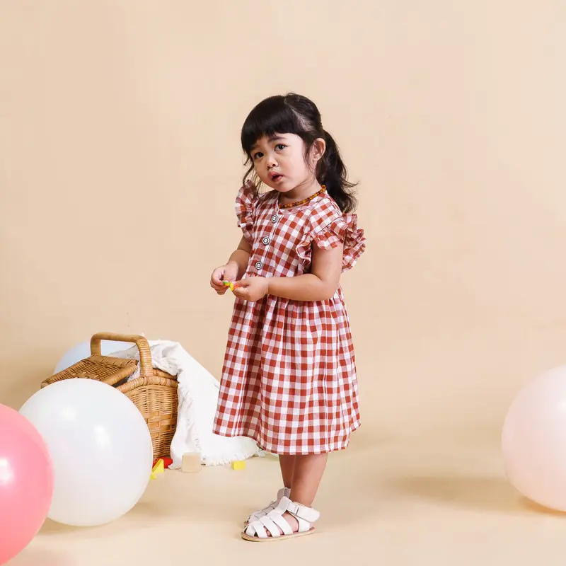 Dress Bayi Kekinian Motif Kotak Katun Perempuan Lembut Nyaman Lengan Gaun 1