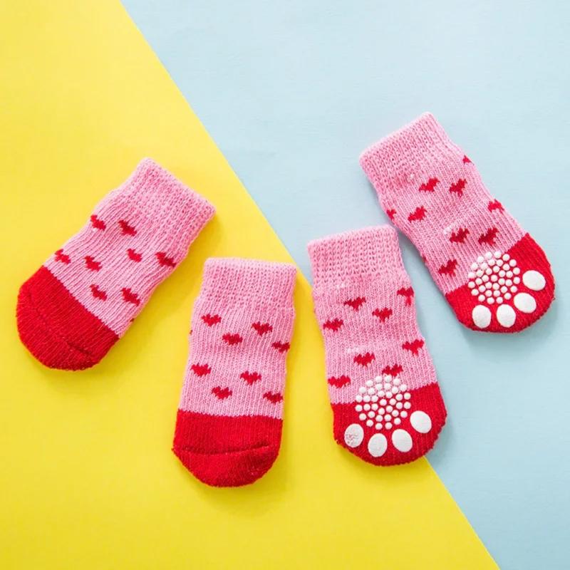 4Pcs Cute Pet Dog Socks with Print Anti-Slip Cats Puppy Shoes Paw Protector Products for Small Breeds Spitz York Dogs Chihuahua 0