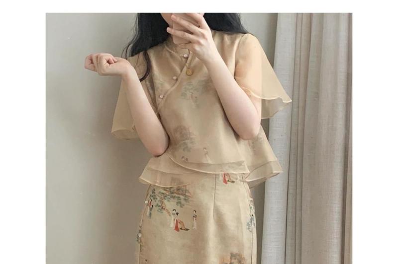 Product Introduction of Váy Sườn Xám Cải Tiến Cho Nữ, Bộ Hai Mảnh, Phong Cách Trung Quốc, Chắp Vá Mới, Áo Sơ Mi Gauzy, Váy, Mùa Hè 6