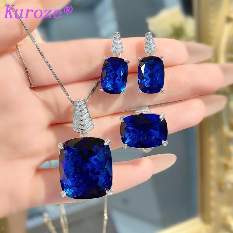Kuroze new royal blue pigeon blood red pendant large carat fat square colored treasure earrings Paraiba ring green diamond suit women 1